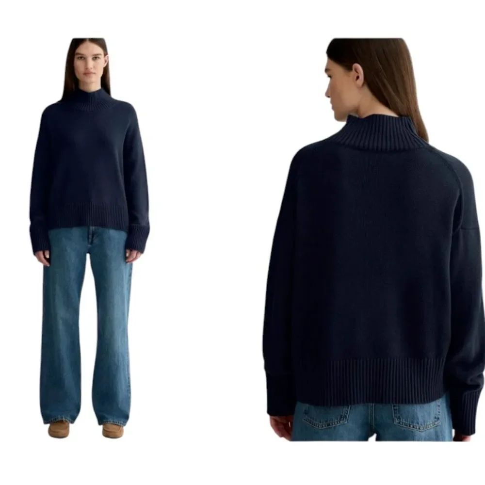 NWT Everlane The Boxy Turtleneck in Everyday Cotton True Navy Blue Size XL
